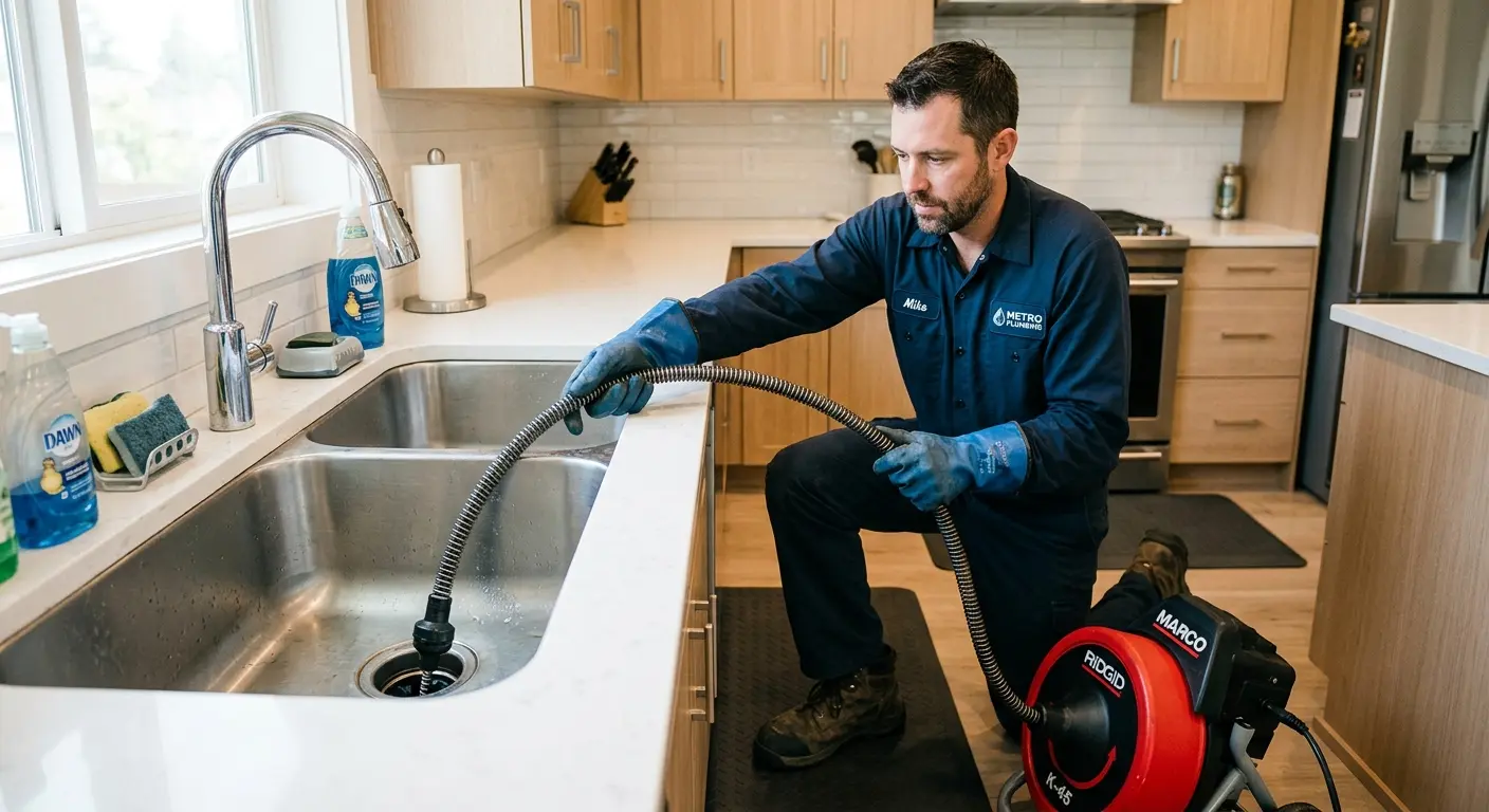 Drain cleaning technician using a motorized snake on a kitchen sink in Palm Valley
