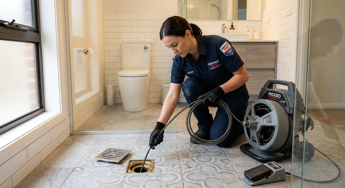 Technician clearing a bathroom floor drain for Clogged Drain Repair in Palm Valley